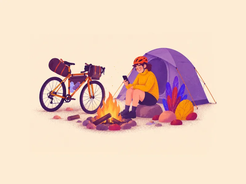 Illustration aus der App: Radfahrerin beim Check-in an einem Shelter