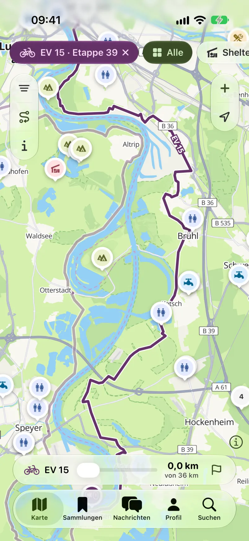 Etappe 39 des EV 15 auf der Karte mit den Spots entlang der Strecke