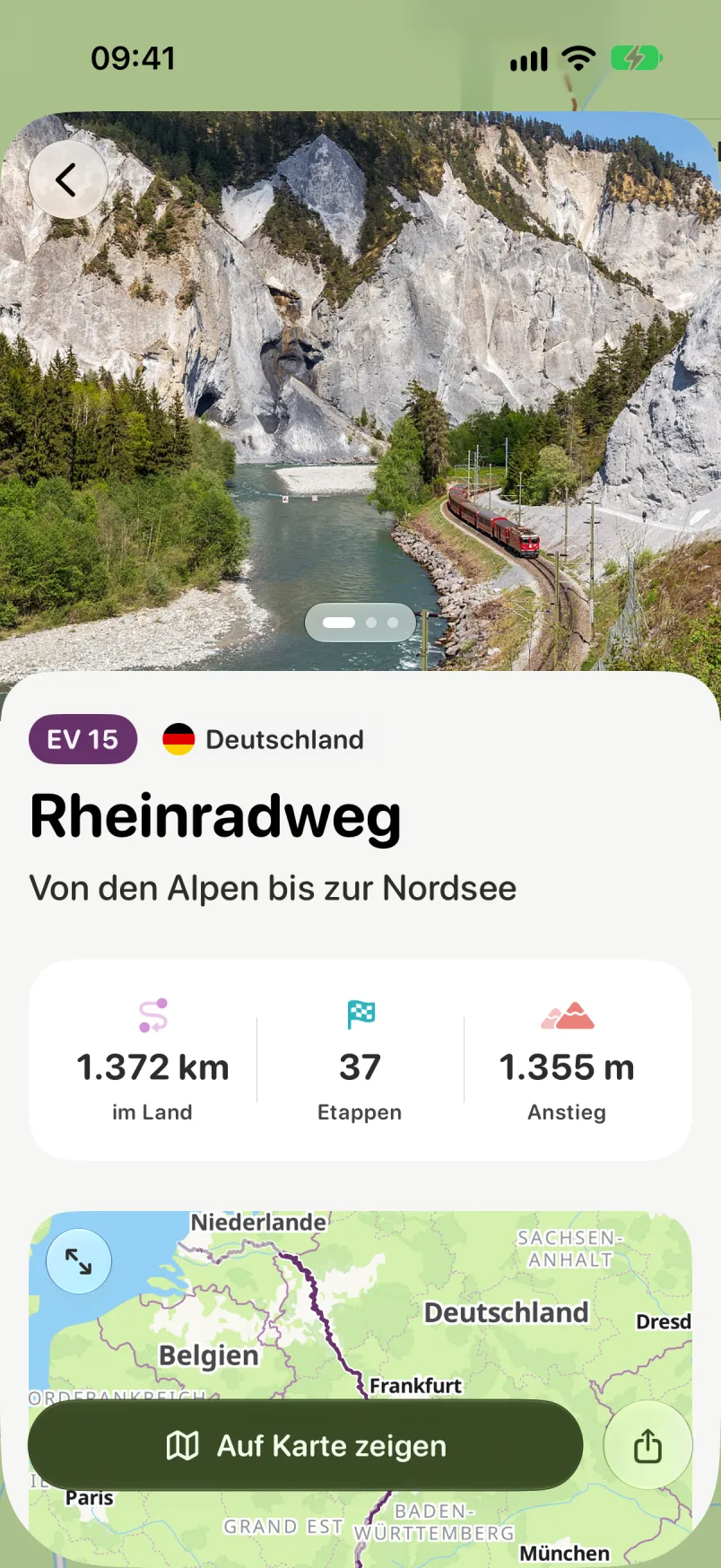 Der Rheinradweg EV 15: 1.372 km und 37 Etappen in Deutschland